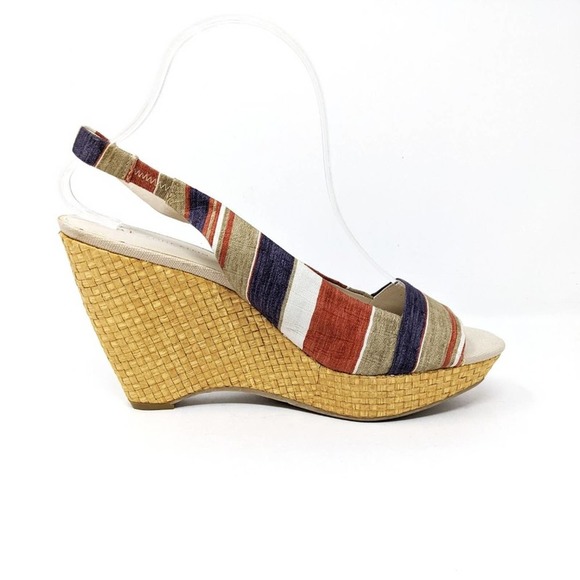 Anne Klein Womens 9.5 Fortuna Stripe Fabric Slingback Rattan Wedge Sandals Boho - Picture 3 of 10